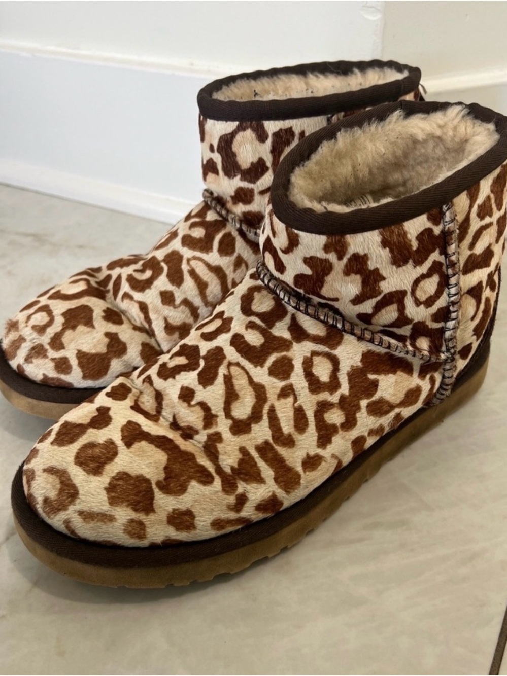 UGG Brown Mini Calf Hair Leopard Print Boots Size 7 US